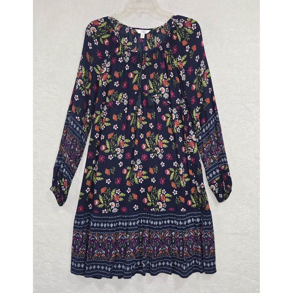 Time and Tru Womens BoHo Floral Mixed Design Dress Blue Long Sleeve Sz Small 4-6